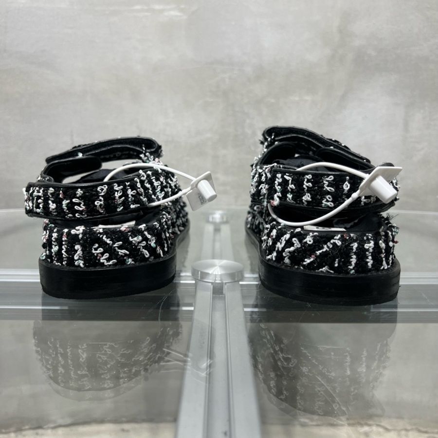 Chanel/香奈兒 黑色毛呢 魔術貼涼鞋 尺碼/36.5碼-4