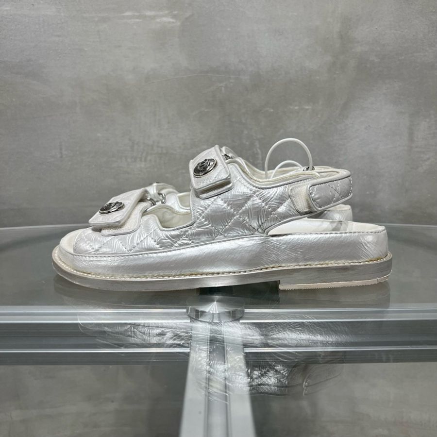 Chanel/香奈兒 雙C銀扣 魔術貼涼鞋 尺碼/37碼-3