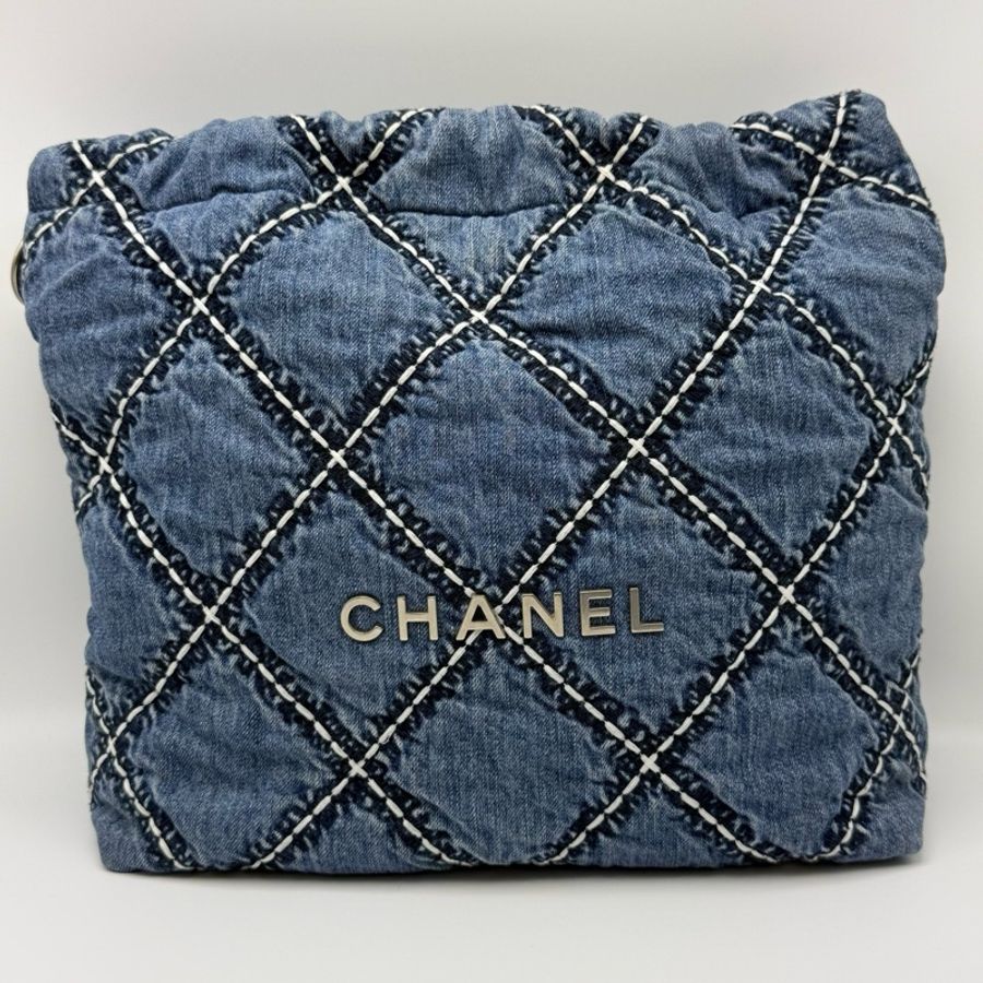 香奈兒Chanel 單寧牛仔銀扣 22bag垃圾袋 單肩包-1