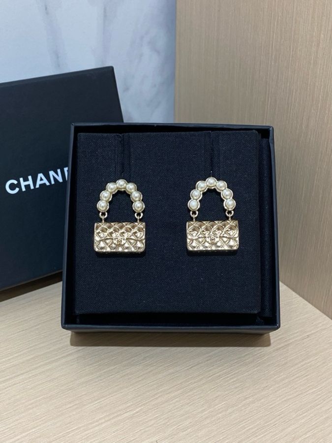 99新Chanel香奈兒 淡金色CF珍珠菱格包包耳環耳釘-1