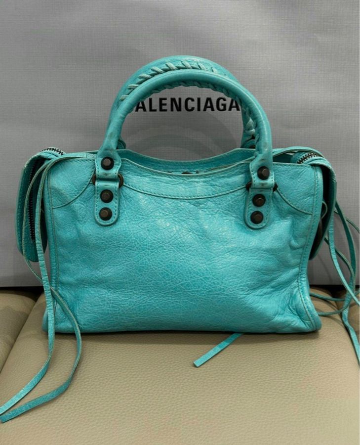 【被這顆Tiffany湖藍硬控了🩵全網最低價😍】Balenciaga 巴黎世家City藍綠色油蠟皮mini機車包-2