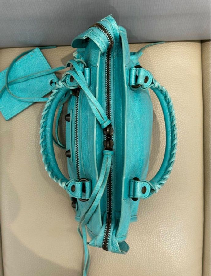 【被這顆Tiffany湖藍硬控了🩵全網最低價😍】Balenciaga 巴黎世家City藍綠色油蠟皮mini機車包-7