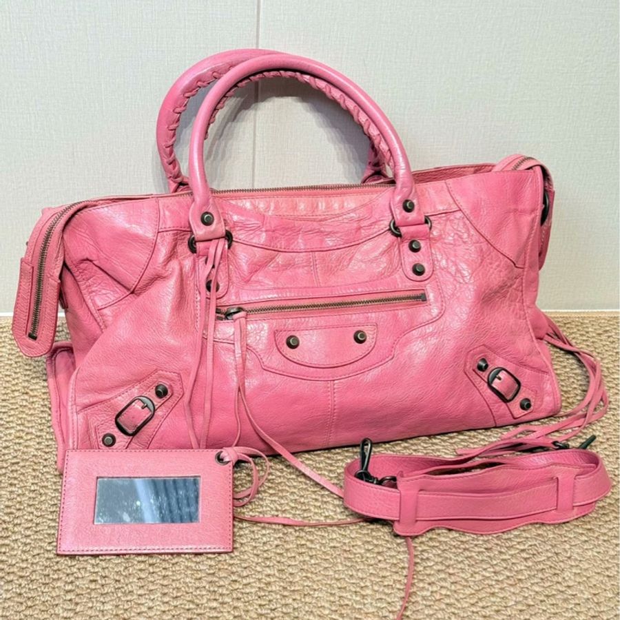 【甜辣泡泡糖🍭辣妹必備🔥全網最低價✨】巴黎世家vintage中古Balenciaga泡泡糖粉twiggy機車包｜圓筒包｜波士頓｜槍黑小釘 中號-5