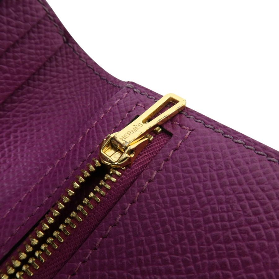 HERMES Epsom皮革Bearn Compact Wallet金扣錢包Raisin/Anemone-8