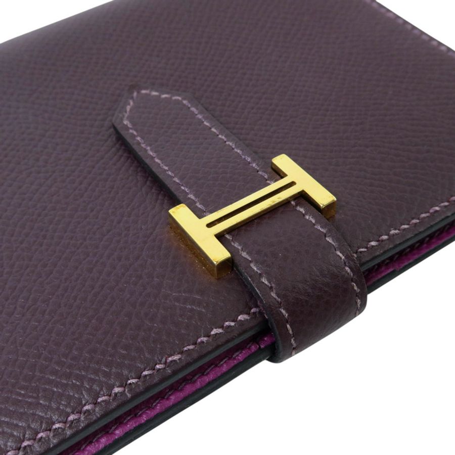 HERMES Epsom皮革Bearn Compact Wallet金扣錢包Raisin/Anemone-9