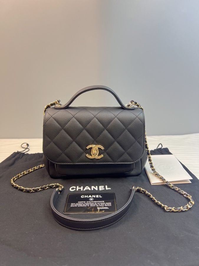 鐳射標 98新 香奈兒/Chanel 手柄郵差包 黑金 荔枝牛皮-0