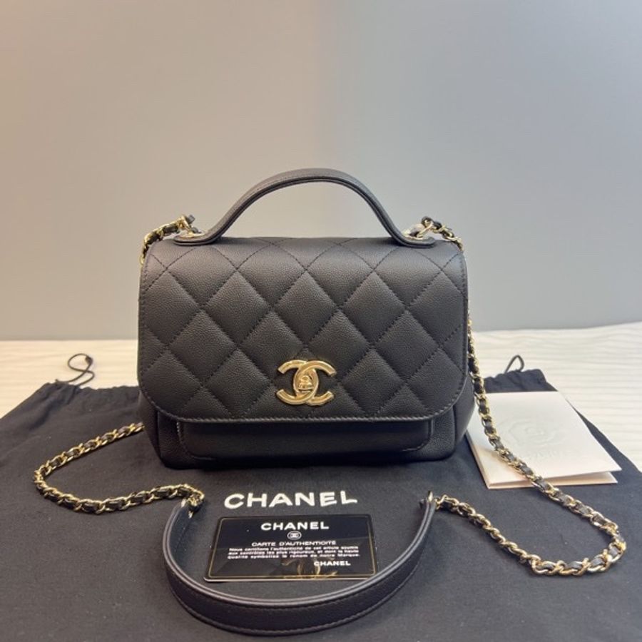 鐳射標 98新 香奈兒/Chanel 手柄郵差包 黑金 荔枝牛皮-5