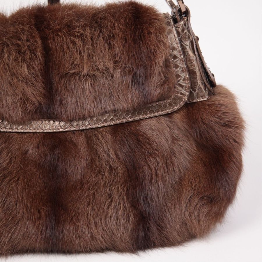Fendi 棕色皮草拼接蛇皮法棍包腋下包单肩包-7