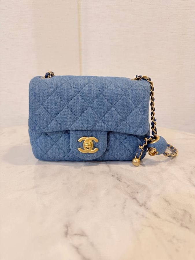 新～Chanel 藍丹寧菱格紋金球方胖-0
