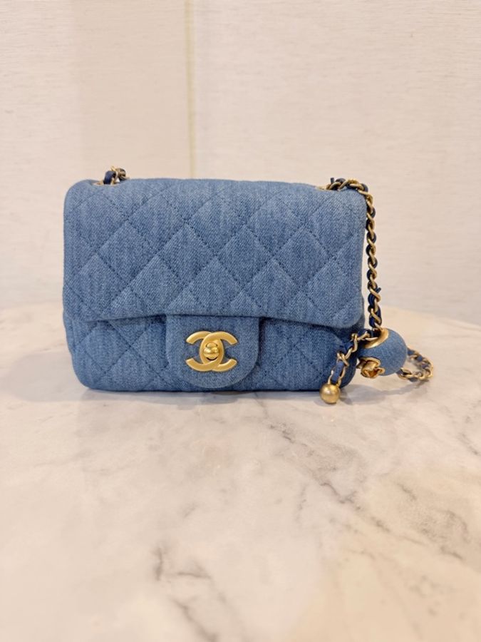 新～Chanel 藍丹寧菱格紋金球方胖-1