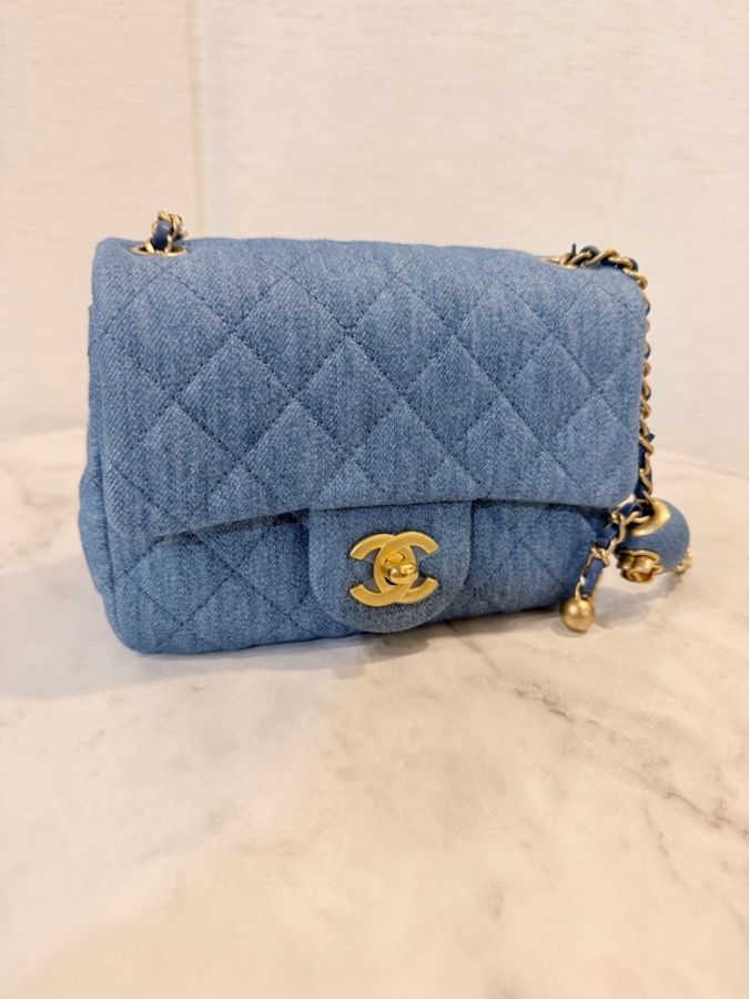 新～Chanel 藍丹寧菱格紋金球方胖-2