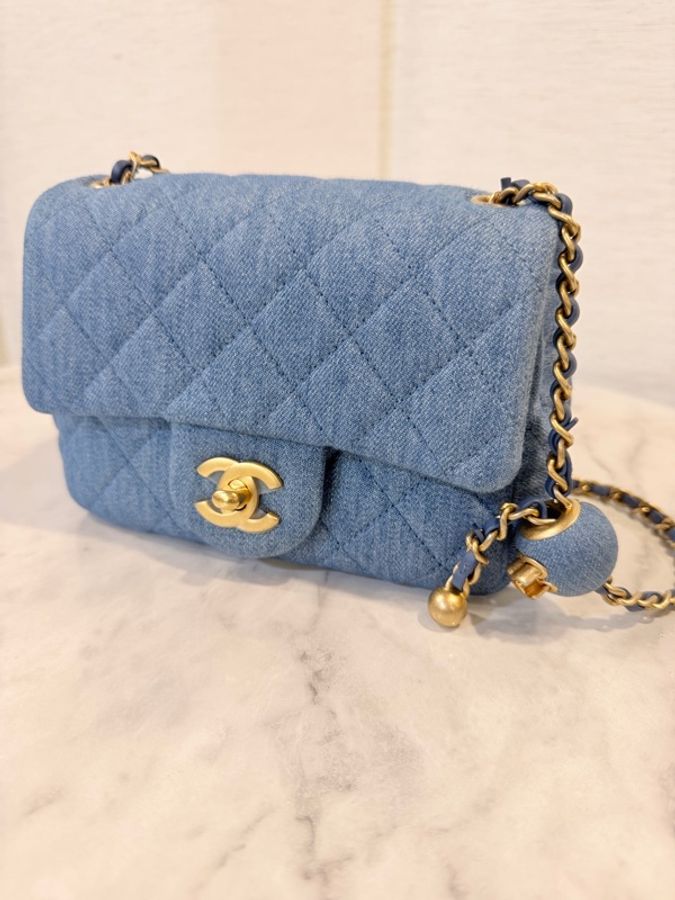 新～Chanel 藍丹寧菱格紋金球方胖-3