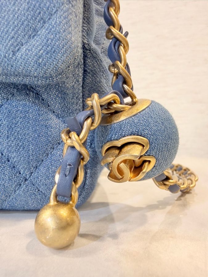 新～Chanel 藍丹寧菱格紋金球方胖-5