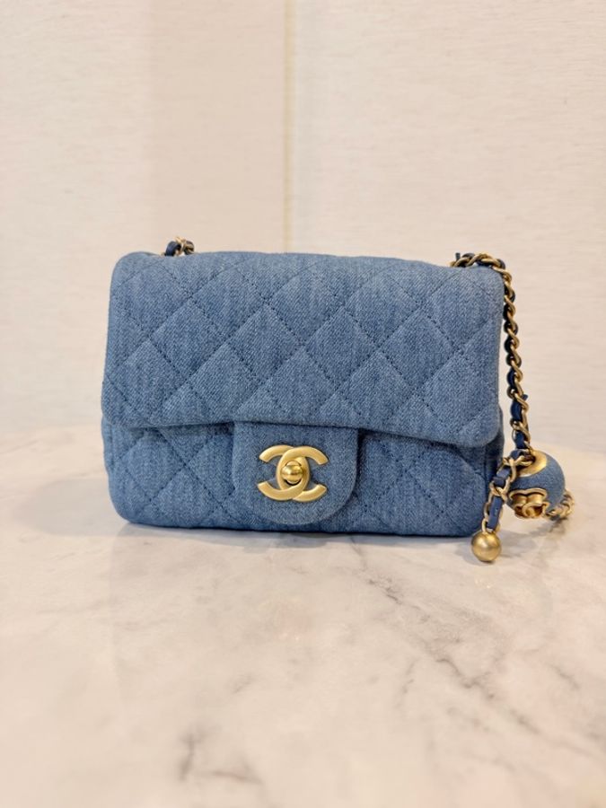 新～Chanel 藍丹寧菱格紋金球方胖-6
