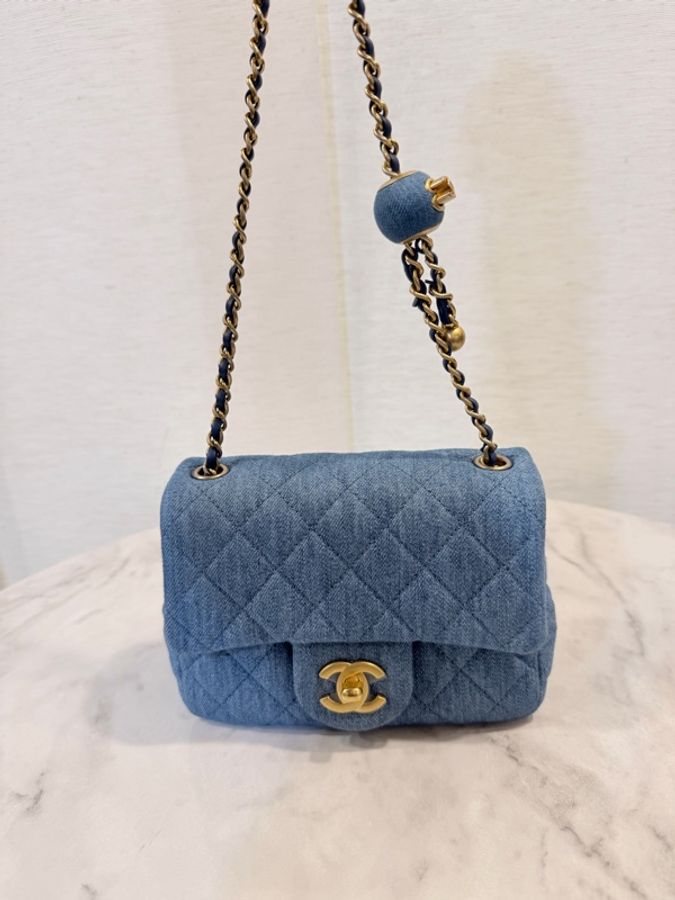 新～Chanel 藍丹寧菱格紋金球方胖-8