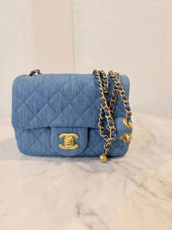 新～Chanel 藍丹寧菱格紋金球方胖-9