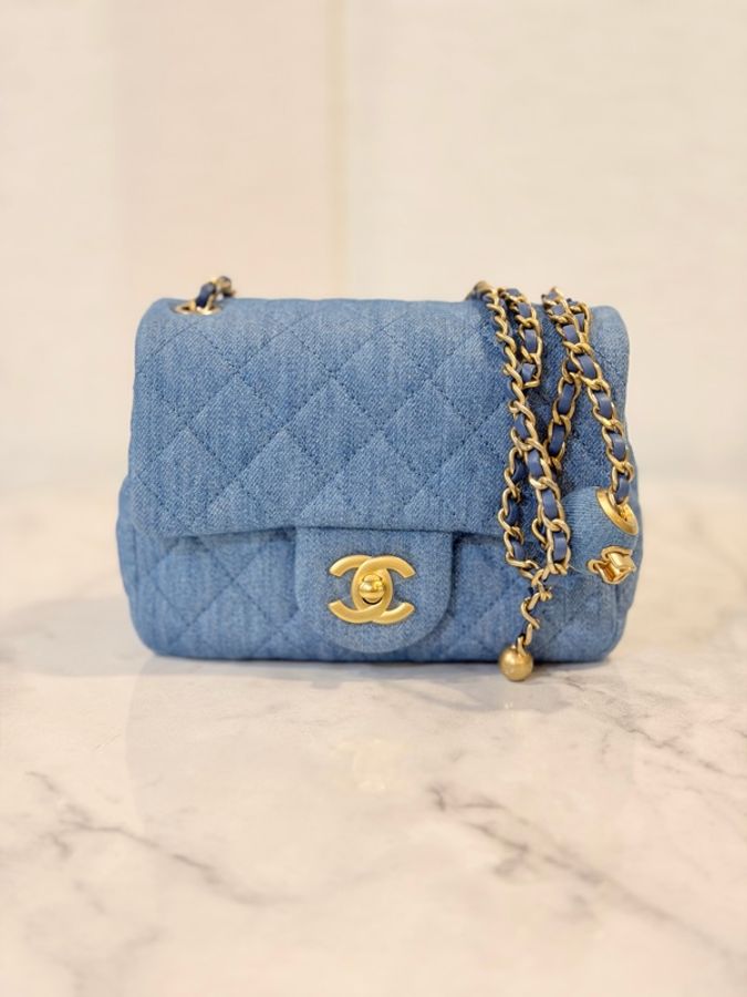 新～Chanel 藍丹寧菱格紋金球方胖-10