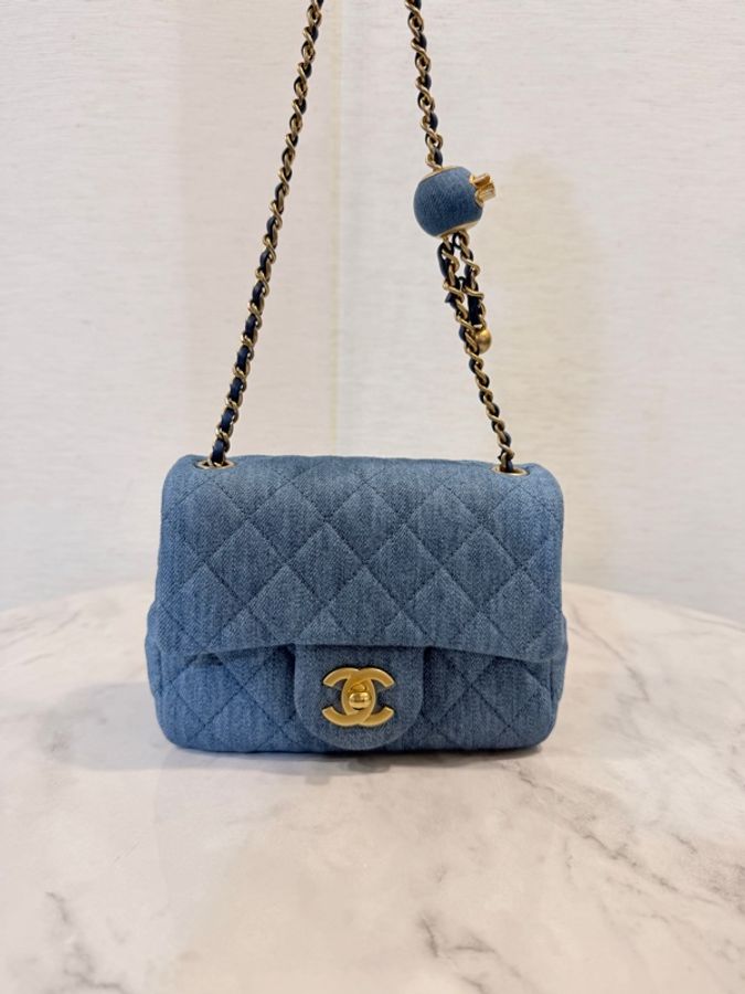新～Chanel 藍丹寧菱格紋金球方胖-11