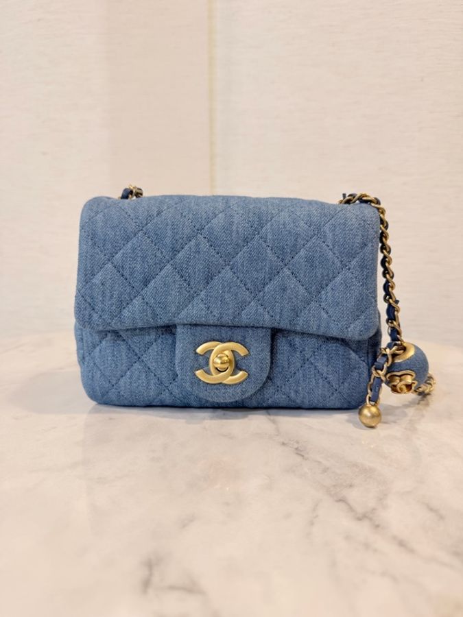 新～Chanel 藍丹寧菱格紋金球方胖-12