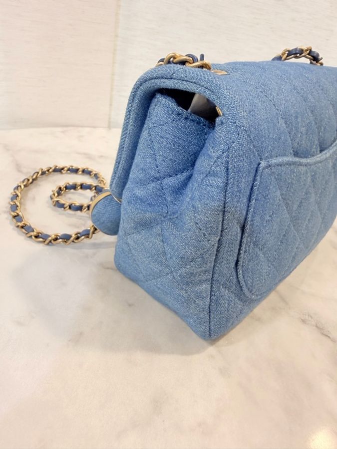 新～Chanel 藍丹寧菱格紋金球方胖-15