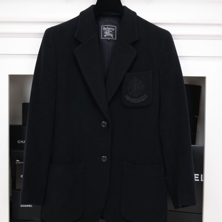 Burberry黑色毛呢徽章刺绣西装上衣外套-0