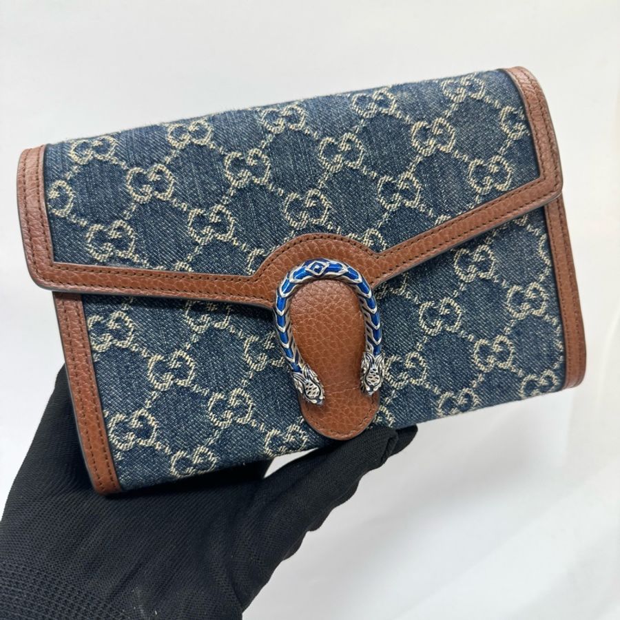 GUCCI 古馳 Dionysus 經典酒神 丹寧/牛仔老花 雙虎頭扣 鍊帶皮夾斜背包 401231-0