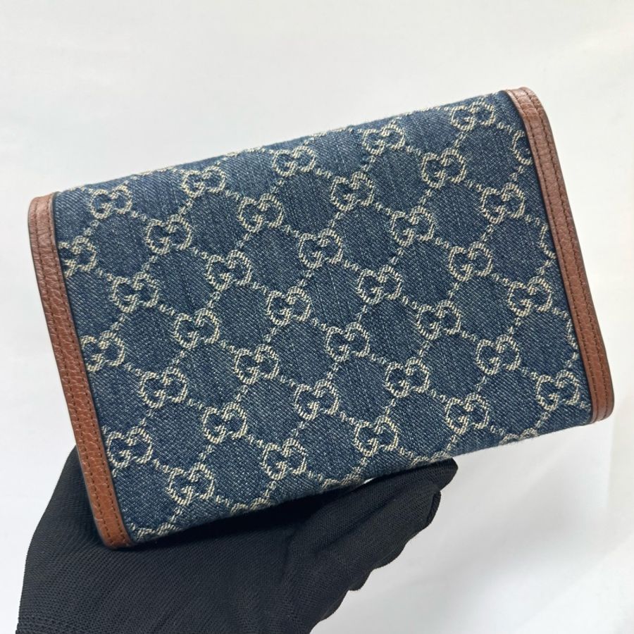 GUCCI 古馳 Dionysus 經典酒神 丹寧/牛仔老花 雙虎頭扣 鍊帶皮夾斜背包 401231-1