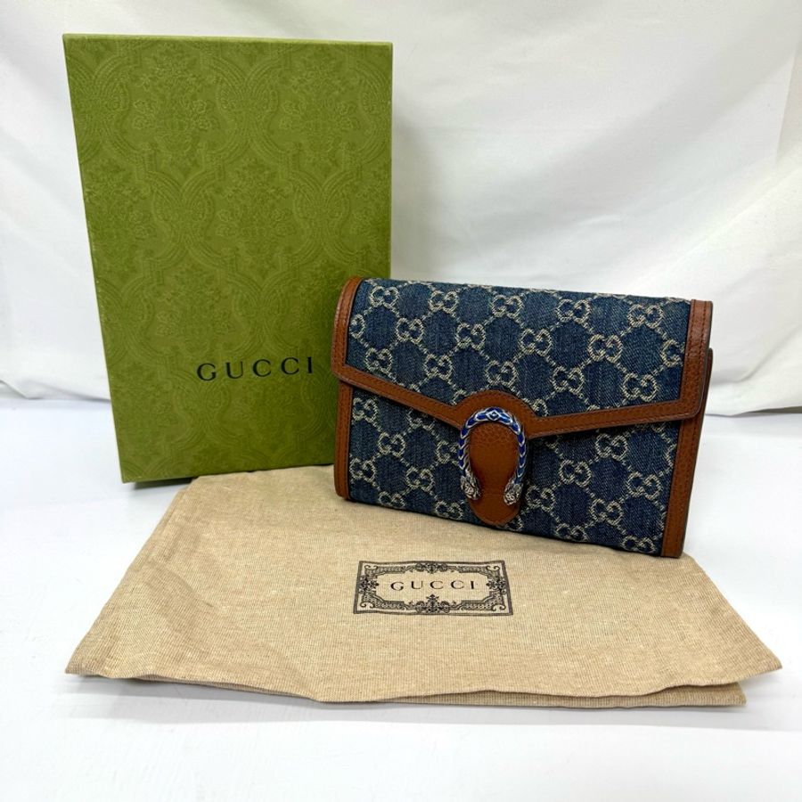 GUCCI 古馳 Dionysus 經典酒神 丹寧/牛仔老花 雙虎頭扣 鍊帶皮夾斜背包 401231-2