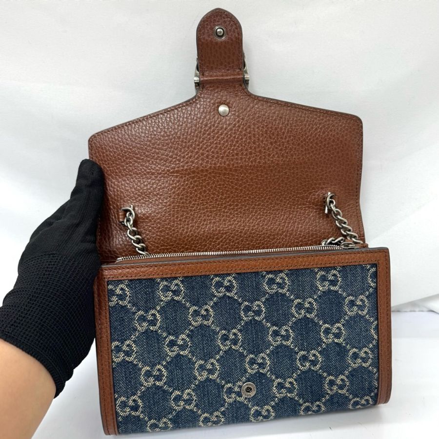 GUCCI 古馳 Dionysus 經典酒神 丹寧/牛仔老花 雙虎頭扣 鍊帶皮夾斜背包 401231-5