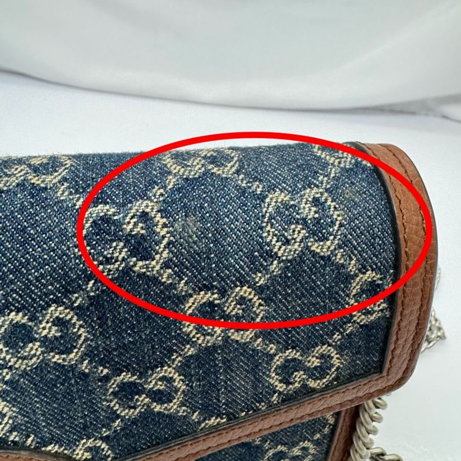 GUCCI 古馳 Dionysus 經典酒神 丹寧/牛仔老花 雙虎頭扣 鍊帶皮夾斜背包 401231-9
