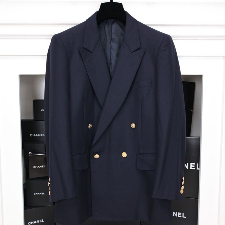 Burberry深蓝色羊毛双排金扣西装上衣外套-0