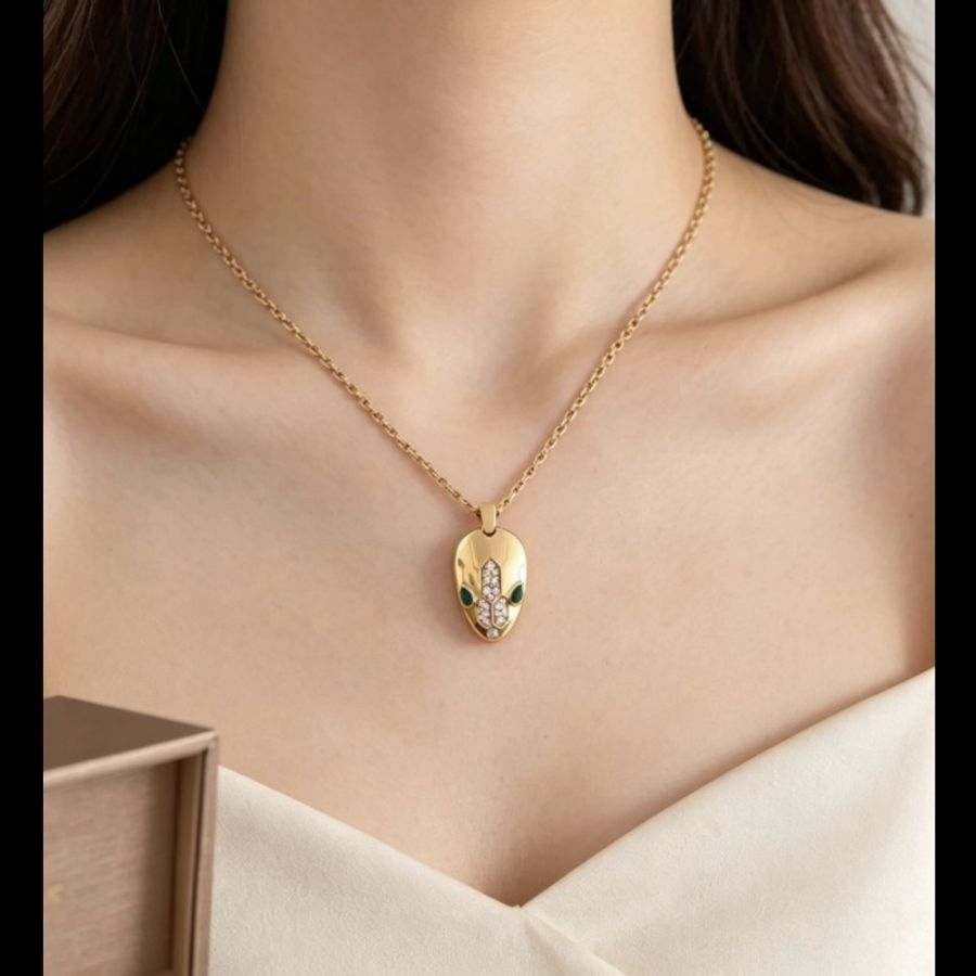 BVLGARI Serpenti系列18k玫瑰金蛇頭吊墜項鍊+蛇瞳鑲嵌孔雀石-7