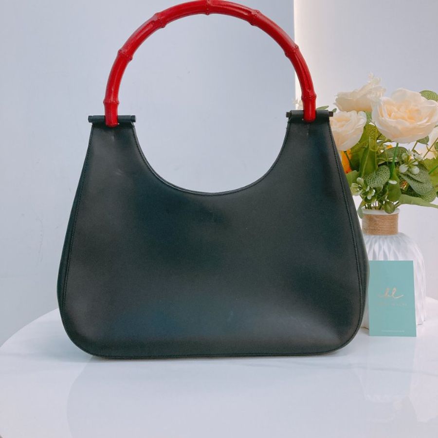MS0757	Gucci 古馳復古竹子手挽包包 Vintage Red Bamboo Shoulder Bag Calfskin Black-0