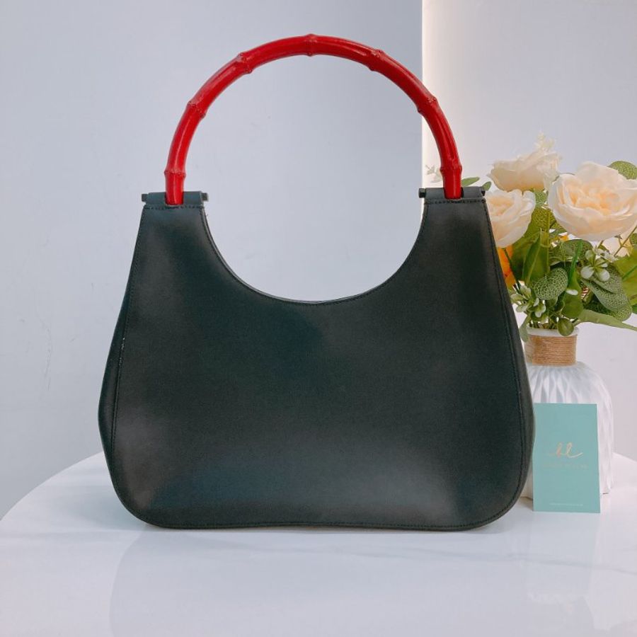 MS0757	Gucci 古馳復古竹子手挽包包 Vintage Red Bamboo Shoulder Bag Calfskin Black-1