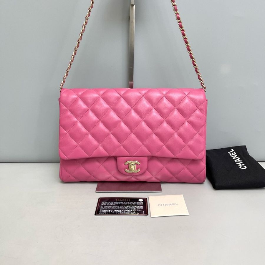Chanel cf粉色全皮菱格金扣腋下包-0