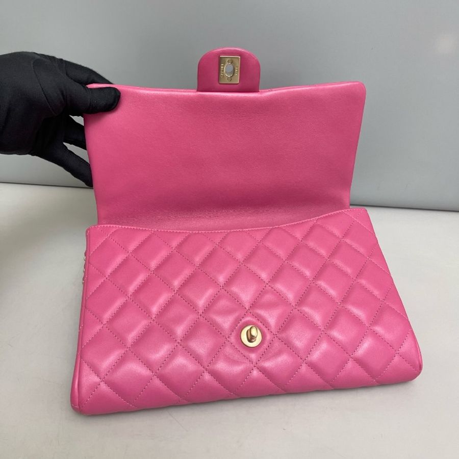 Chanel cf粉色全皮菱格金扣腋下包-7