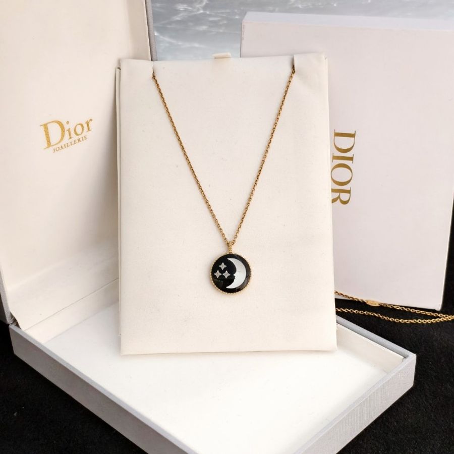 Dior 黃金鑽石日月星辰項鍊 黑瑪瑙白貝母吊墜毛衣鏈-0