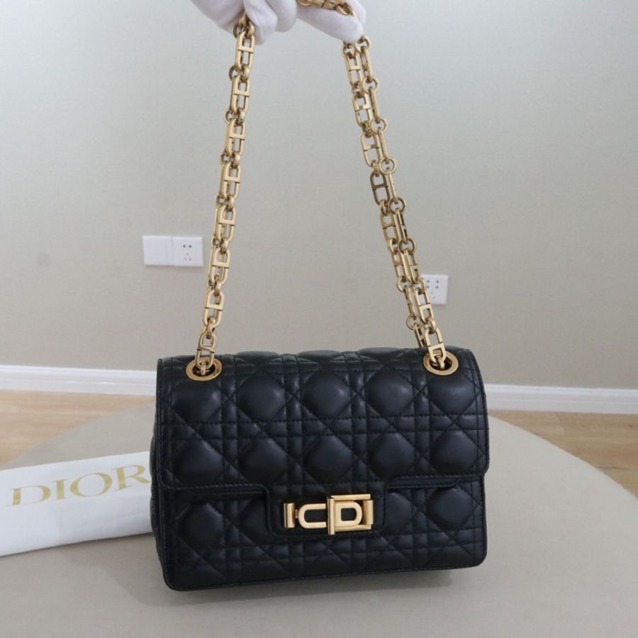 DIRO迪奧CD標 MISS DIOR女士鏈條包，限量款，小眾不撞包，黑金羊皮-0