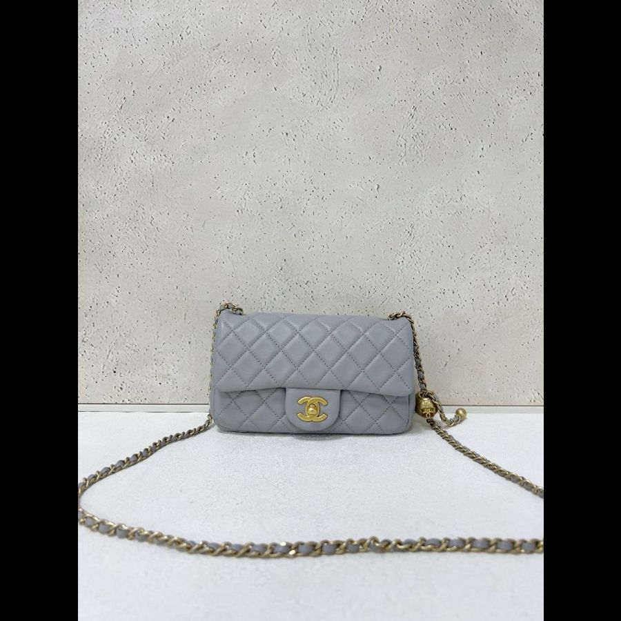 Chanel gold ball classic flap 灰色羊皮金球大mini-0