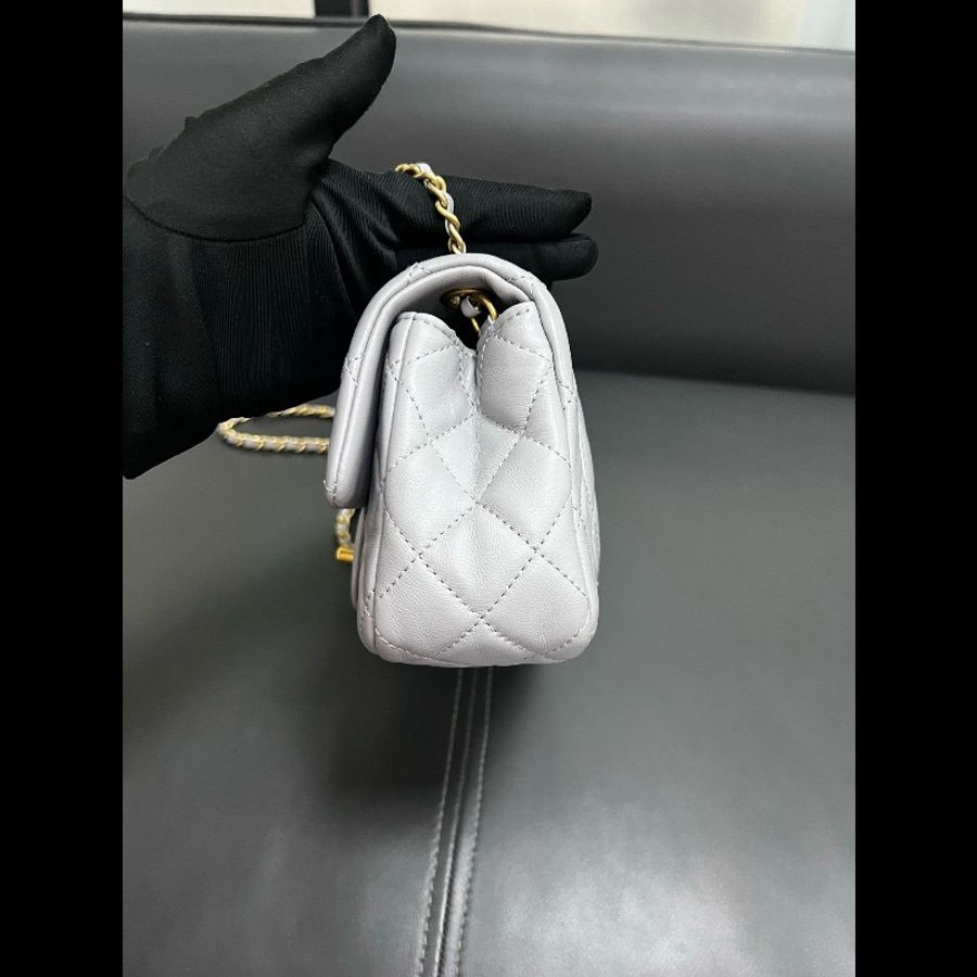Chanel gold ball classic flap 灰色羊皮金球大mini-6