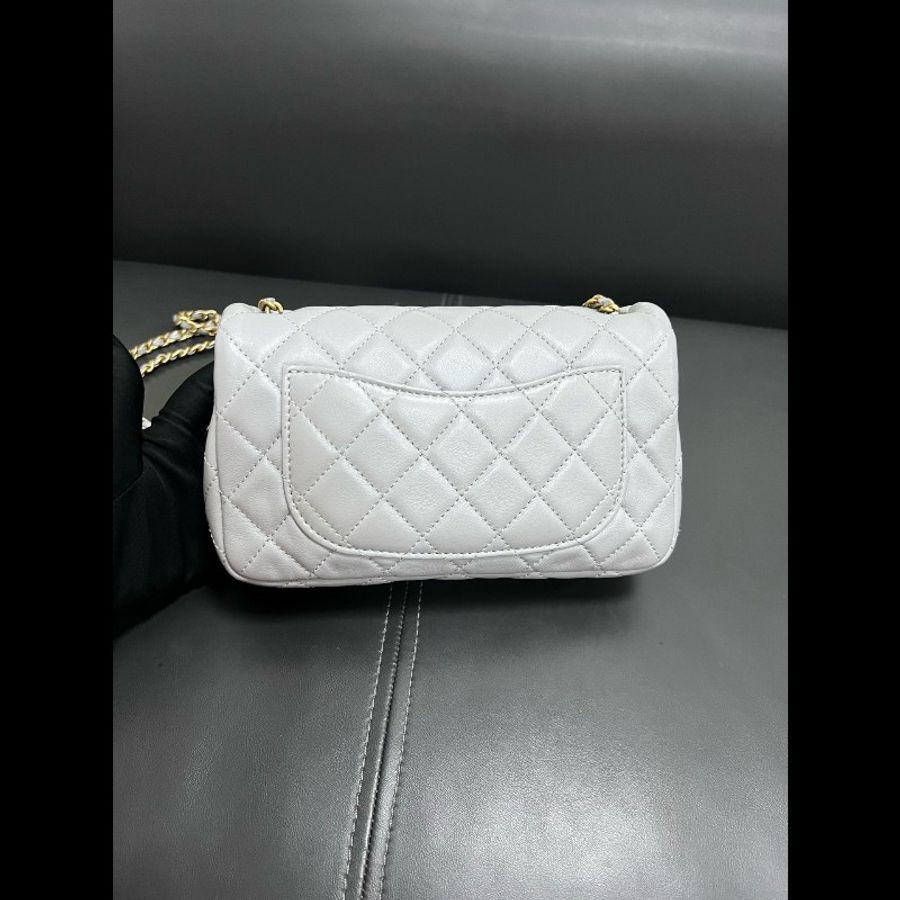 Chanel gold ball classic flap 灰色羊皮金球大mini-7