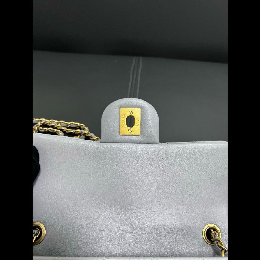 Chanel gold ball classic flap 灰色羊皮金球大mini-15