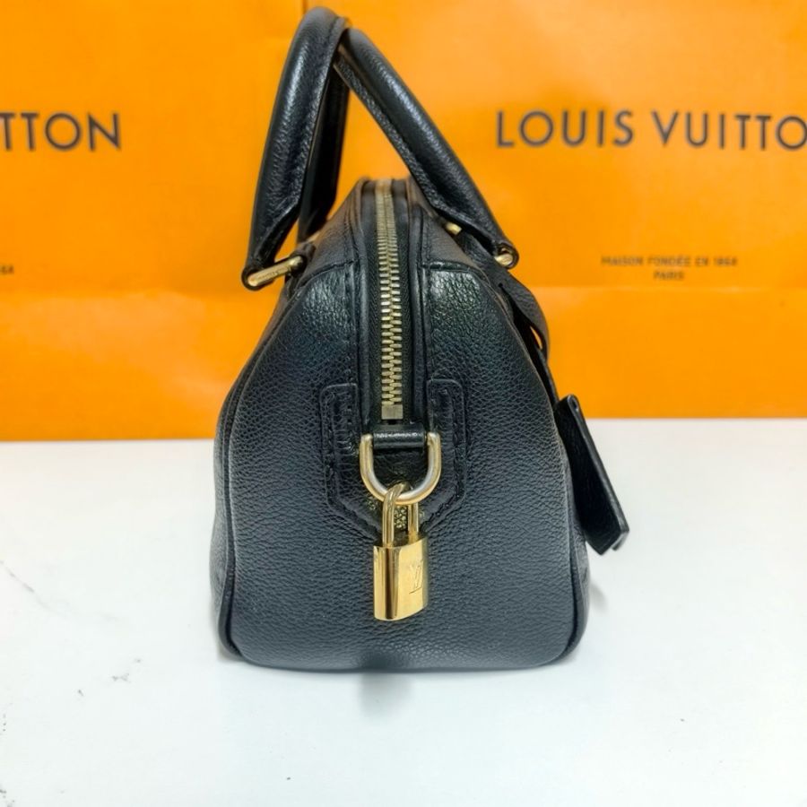 LV/路易威登黑色全皮壓紋logo speedy20手提單肩包-1