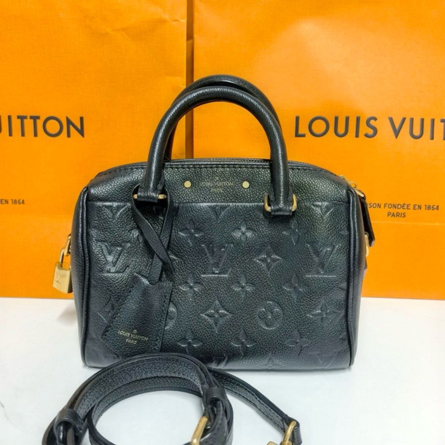 LV/路易威登黑色全皮壓紋logo speedy20手提單肩包-9