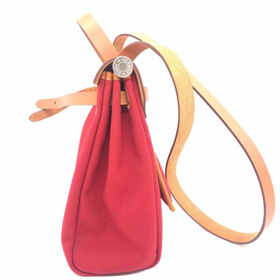 Hermes/愛馬仕Herbag 31胭脂紅帆布拼棕手提包單肩包斜挎包-2