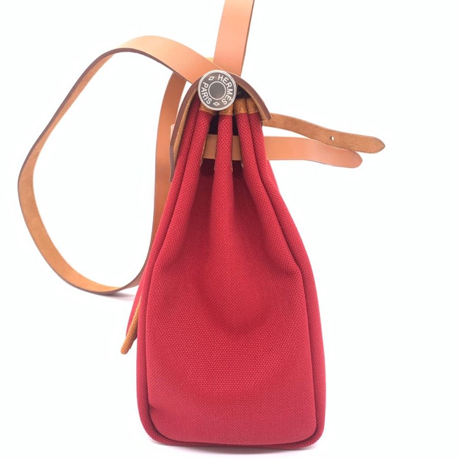 Hermes/愛馬仕Herbag 31胭脂紅帆布拼棕手提包單肩包斜挎包-3