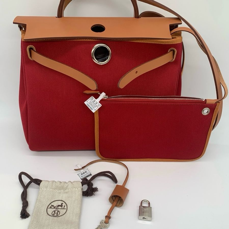 Hermes/愛馬仕Herbag 31胭脂紅帆布拼棕手提包單肩包斜挎包-8