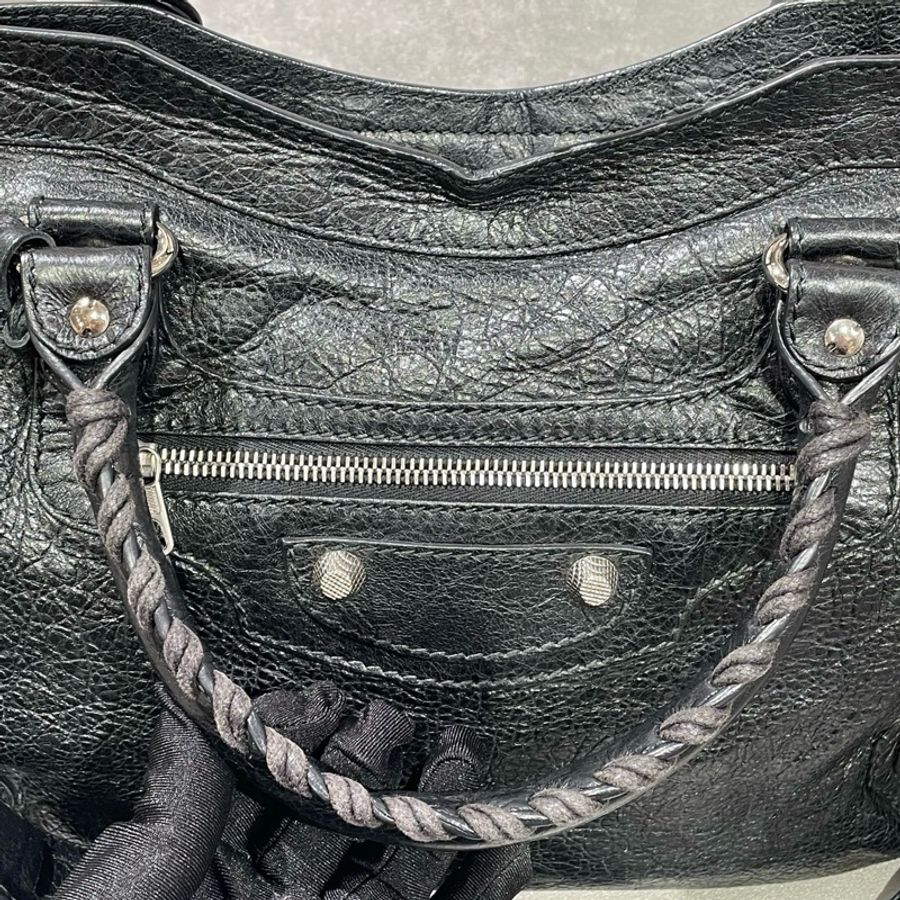 Balenciaga巴黎世家 黑色油蠟皮銀釘黑銀中號機車包手提包斜挎包單肩包-5