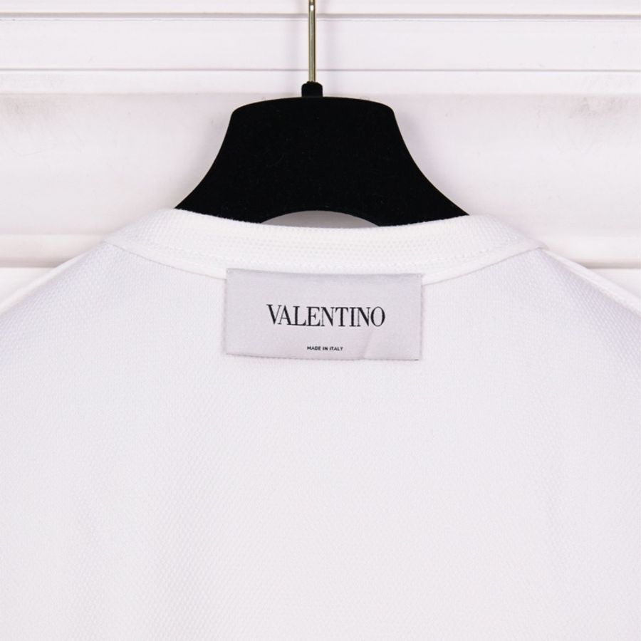 Valentino白色蕾丝花花滚边拉链圆领短袖上衣-13