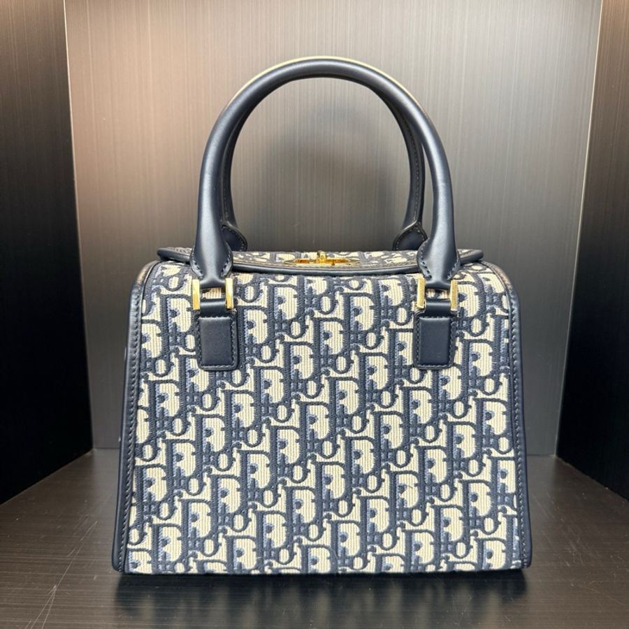 迪奧/Dior Boston 藍色經典老花波士頓手提包斜背包單肩包 中號-2